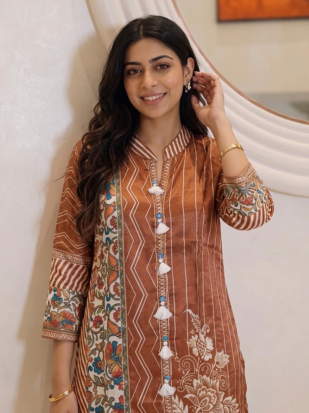 Brown Printed Crepe Kurta Set