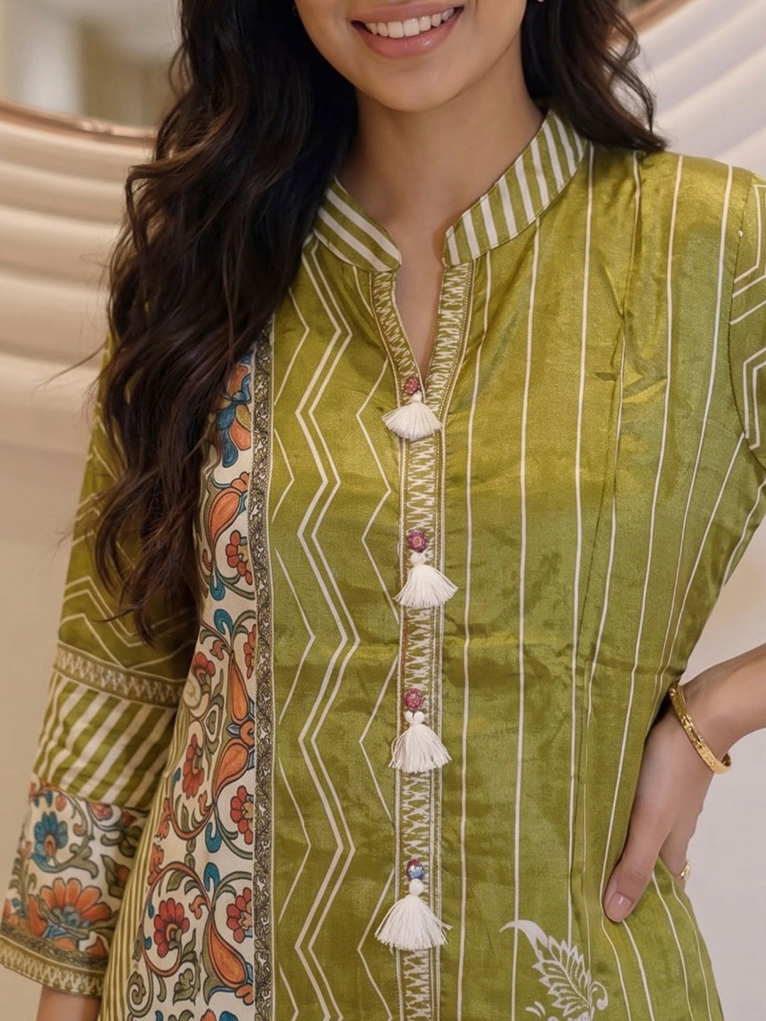 Pista Green Printed Crepe Kurta Set