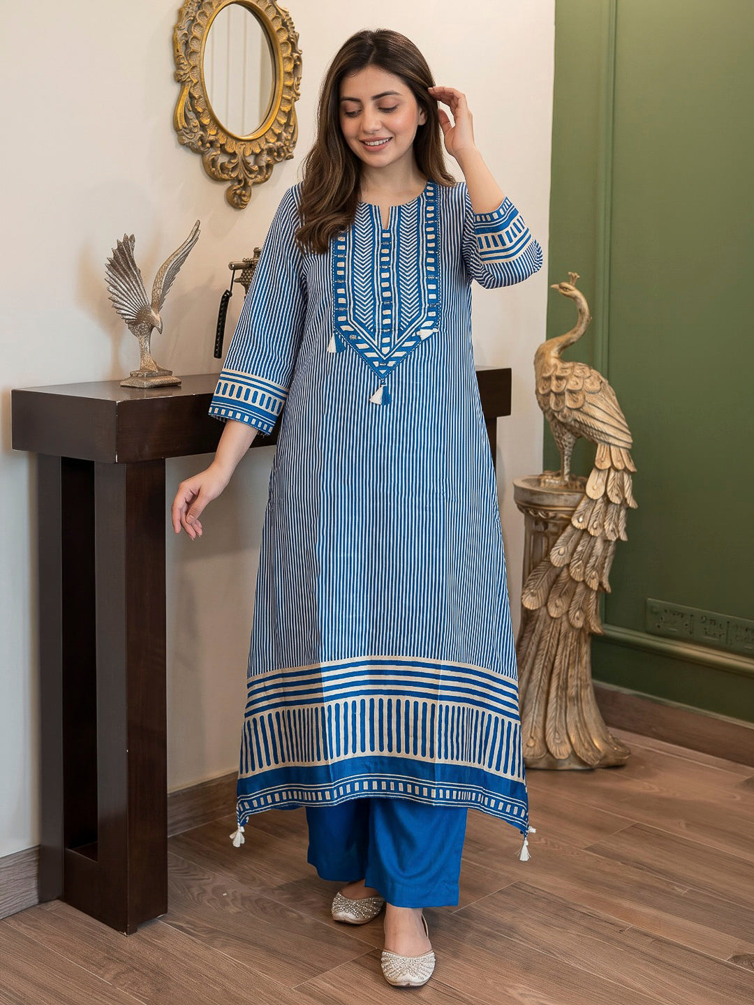 Blue Printed Hlame Kurta Set