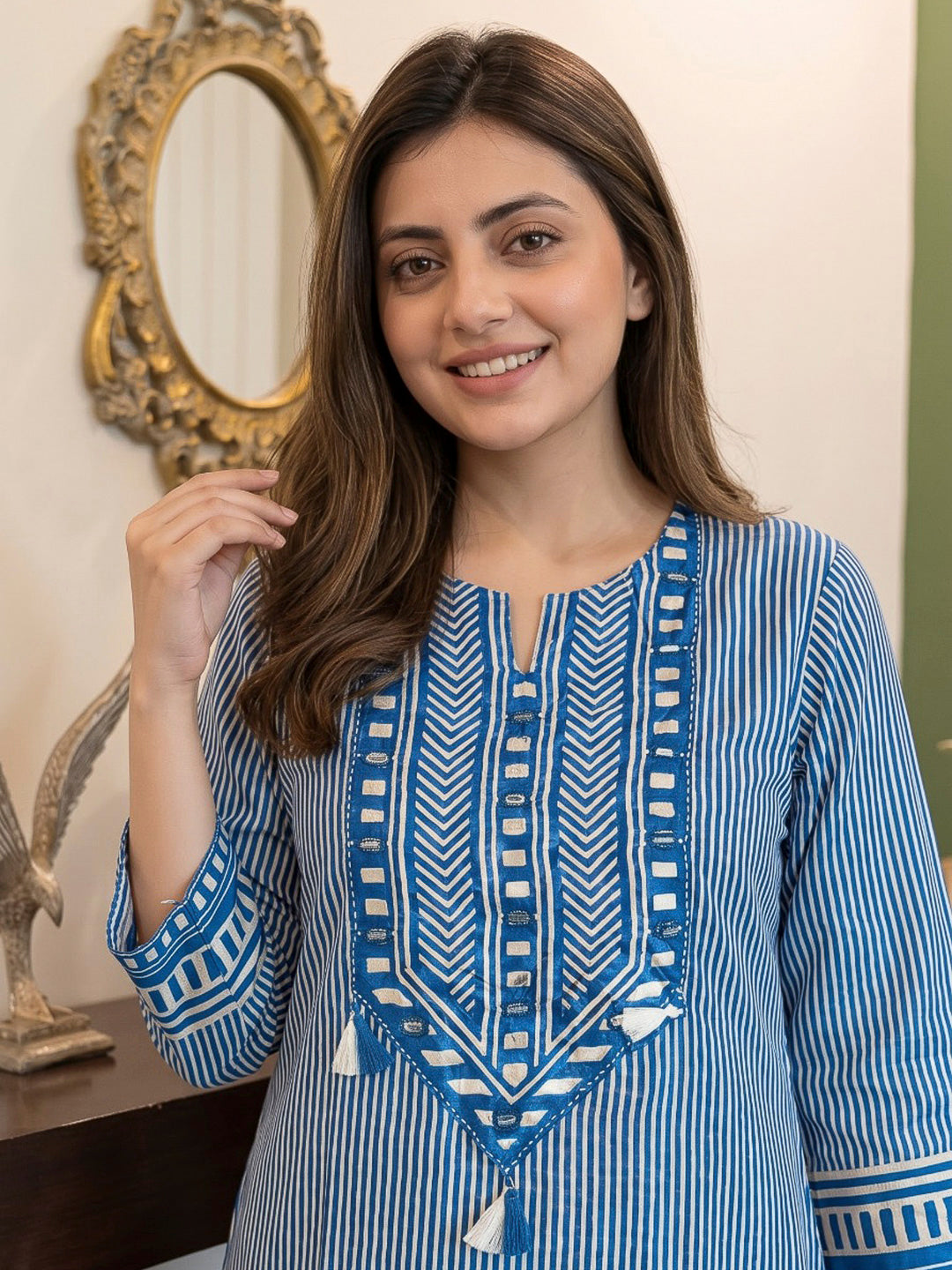 Blue Printed Hlame Kurta Set