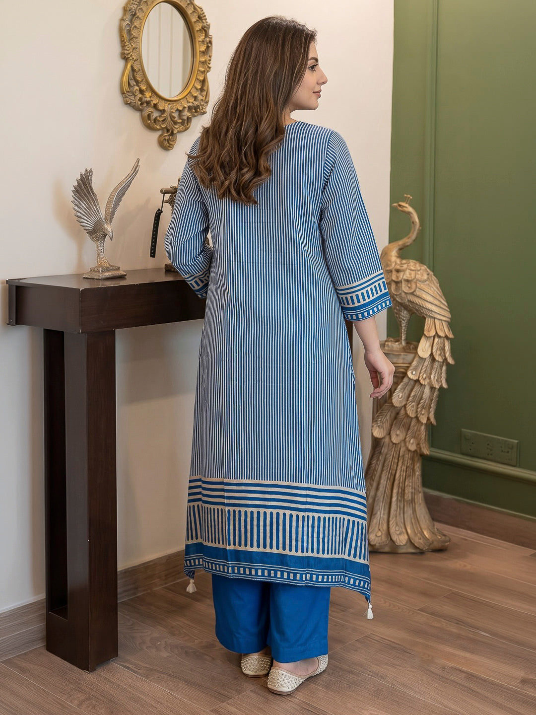 Blue Printed Hlame Kurta Set