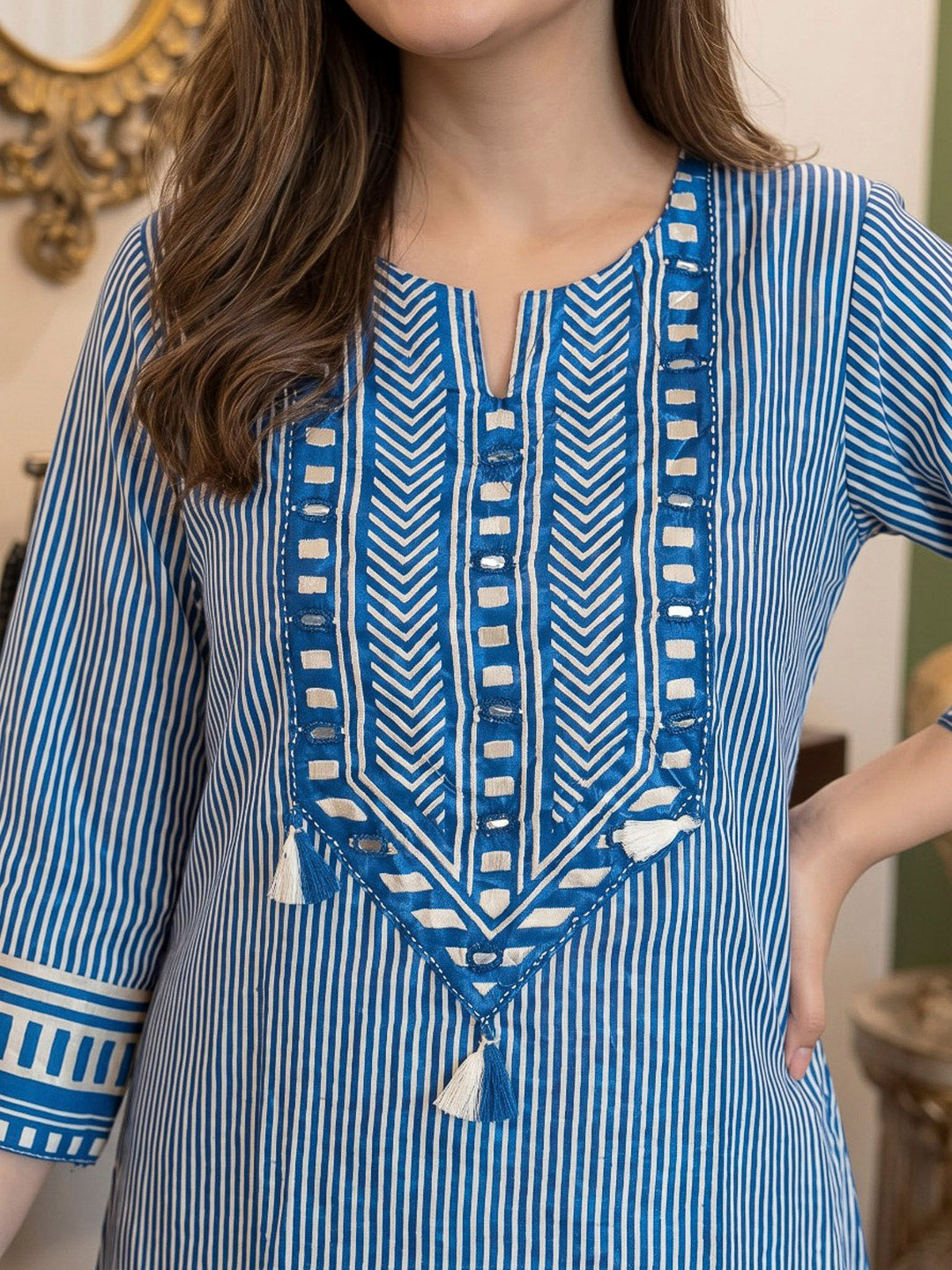 Blue Printed Hlame Kurta Set