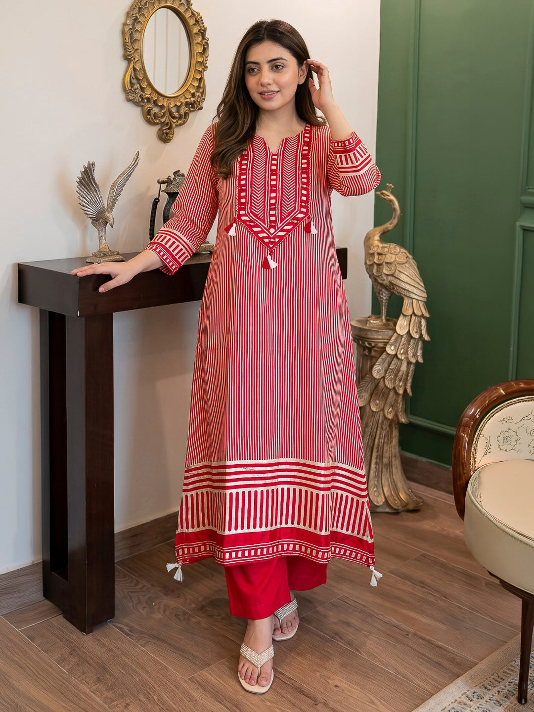 Red Printed Hlame Kurta Set