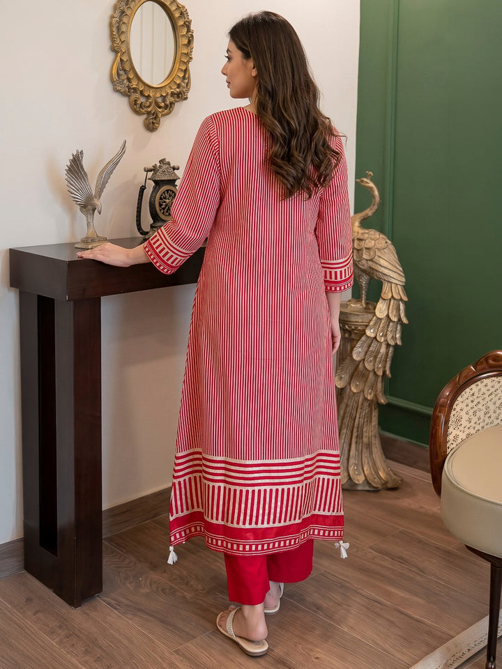 Red Printed Hlame Kurta Set