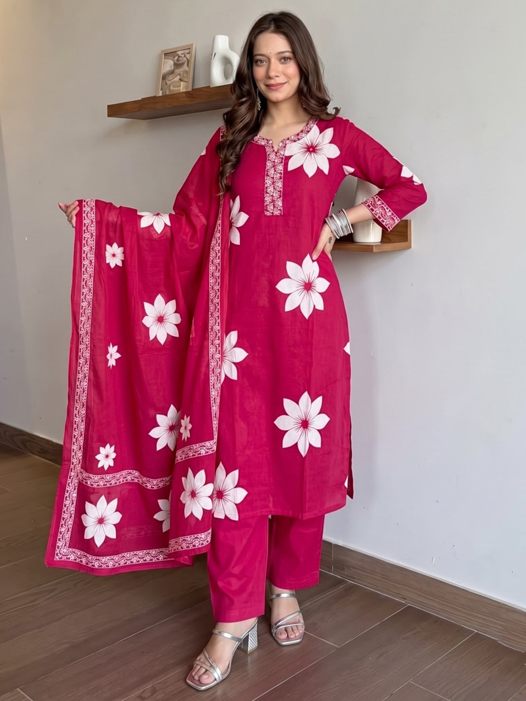 Maroon Printed Cotton Blend Kurta With Pant &amp; Dupatta