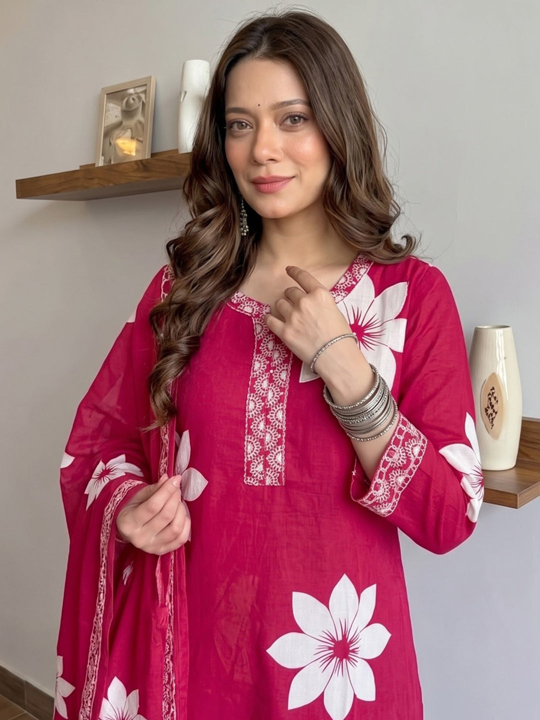 Maroon Printed Cotton Blend Kurta With Pant &amp; Dupatta