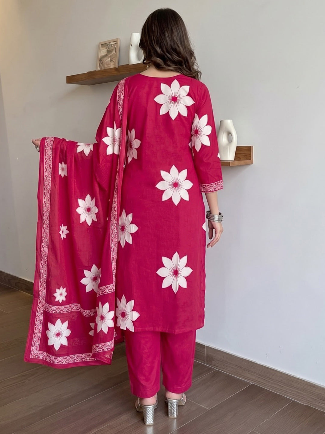 Maroon Printed Cotton Blend Kurta With Pant &amp; Dupatta