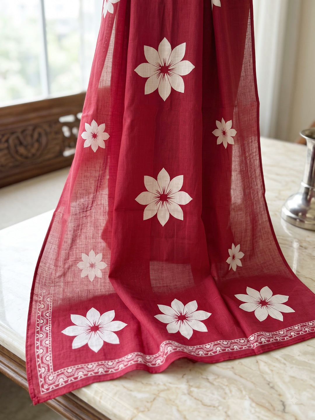 Maroon Printed Cotton Blend Kurta With Pant &amp; Dupatta