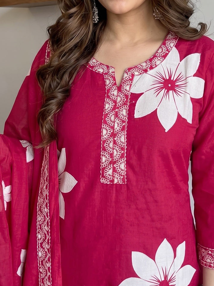 Maroon Printed Cotton Blend Kurta With Pant &amp; Dupatta