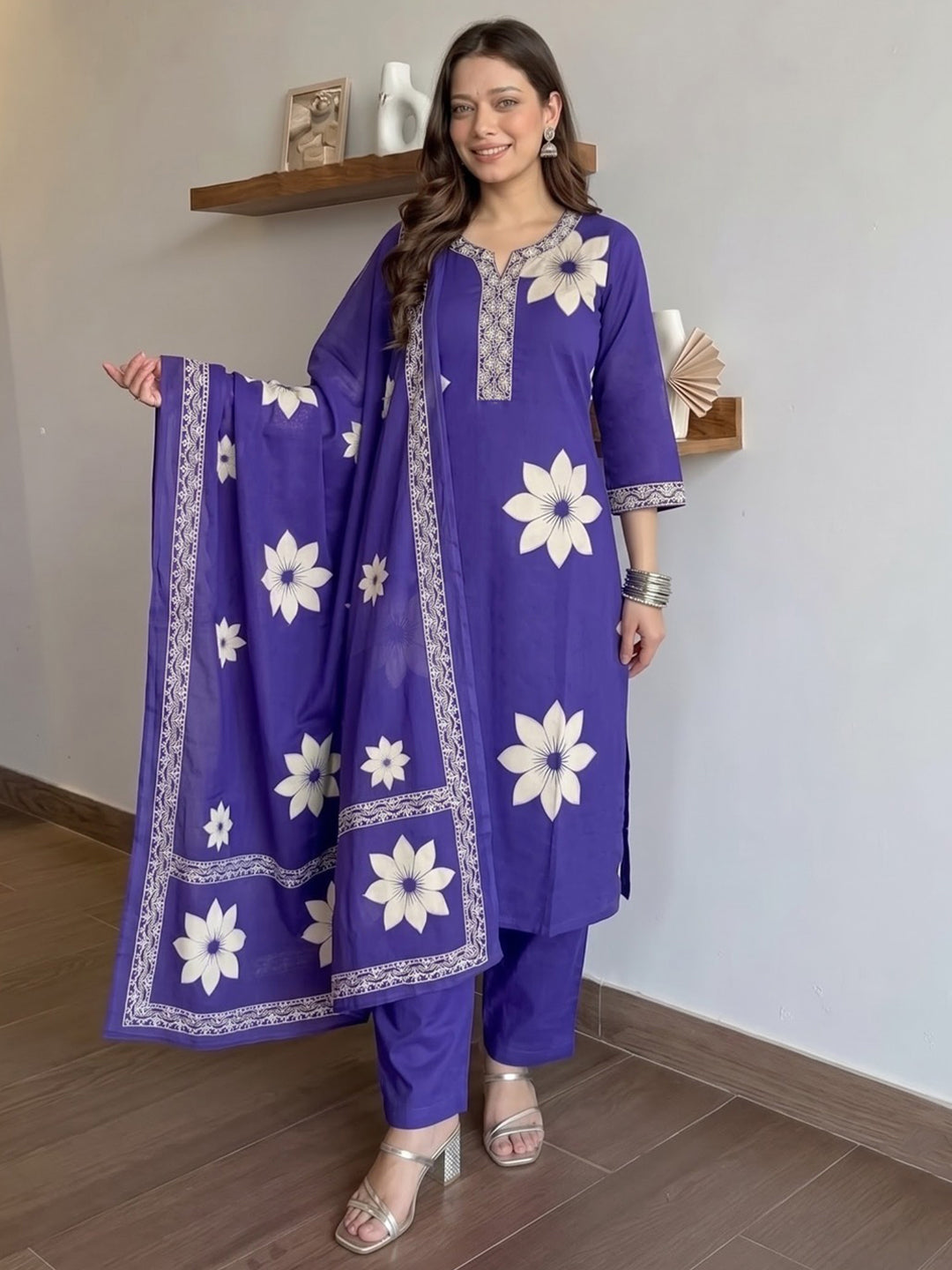 Purple Printed Cotton Blend Kurta With Pant &amp; Dupatta