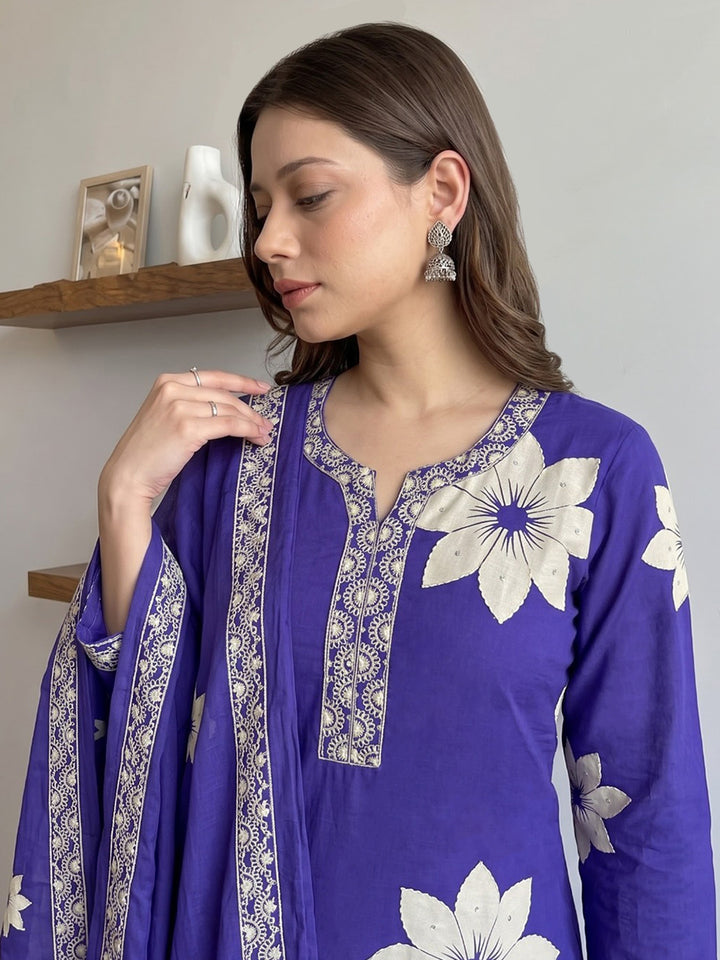 Purple Printed Cotton Blend Kurta With Pant &amp; Dupatta