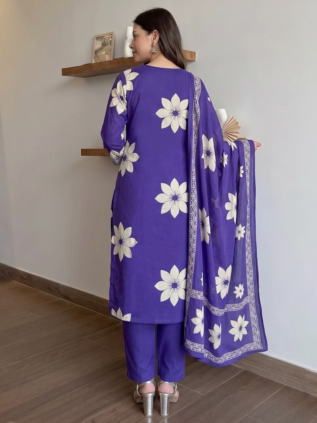 Purple Printed Cotton Blend Kurta With Pant &amp; Dupatta