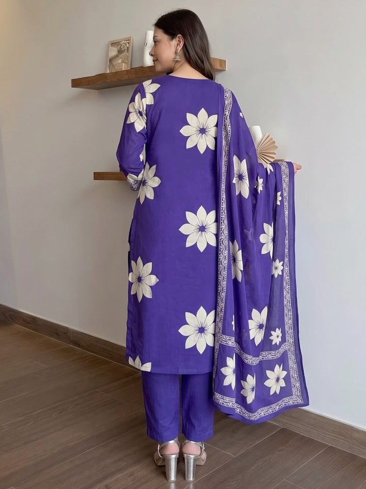 Purple Printed Cotton Blend Kurta With Pant &amp; Dupatta
