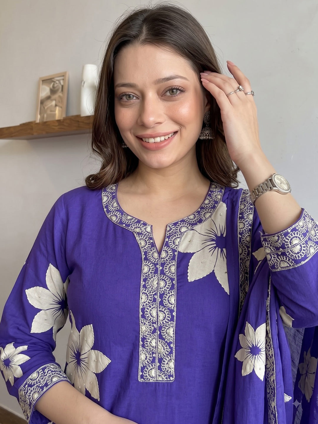 Purple Printed Cotton Blend Kurta With Pant &amp; Dupatta