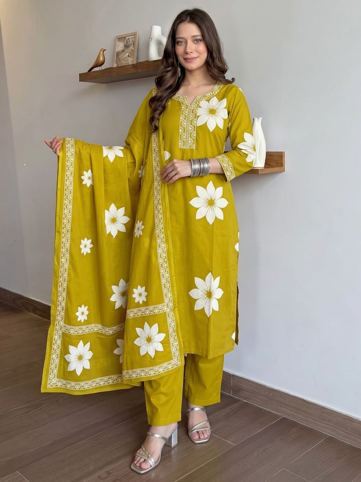 Yellow Printed Cotton Blend Kurta With Pant &amp; Dupatta