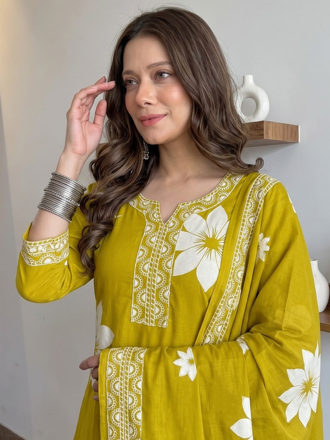 Yellow Printed Cotton Blend Kurta With Pant &amp; Dupatta