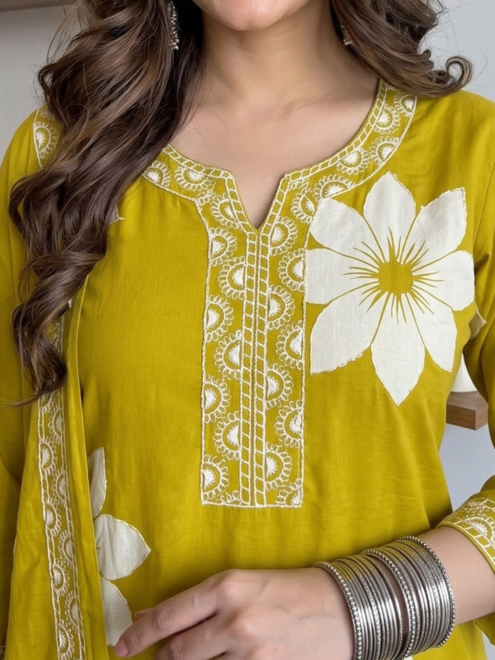 Yellow Printed Cotton Blend Kurta With Pant &amp; Dupatta