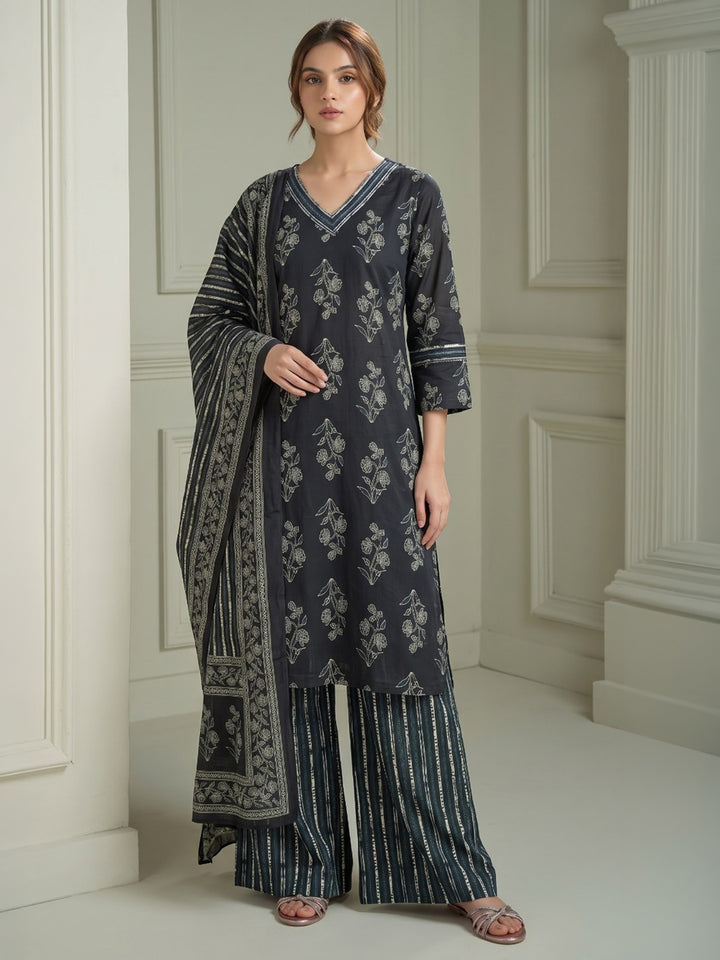 Black Printed Cotton Blend Kurta With Pant &amp; Dupatta