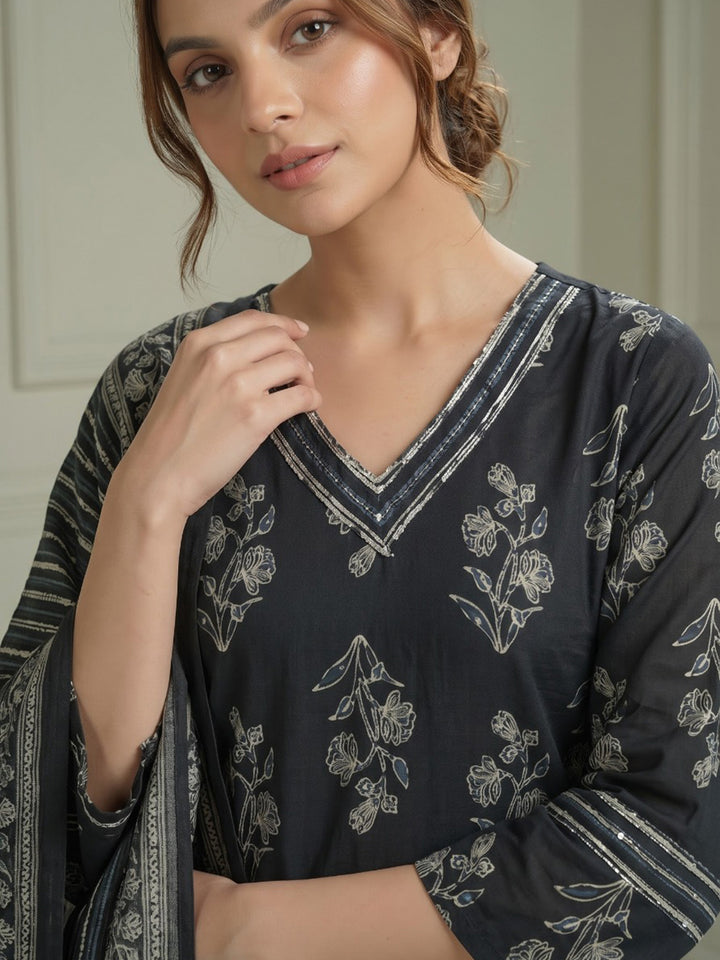 Black Printed Cotton Blend Kurta With Pant &amp; Dupatta