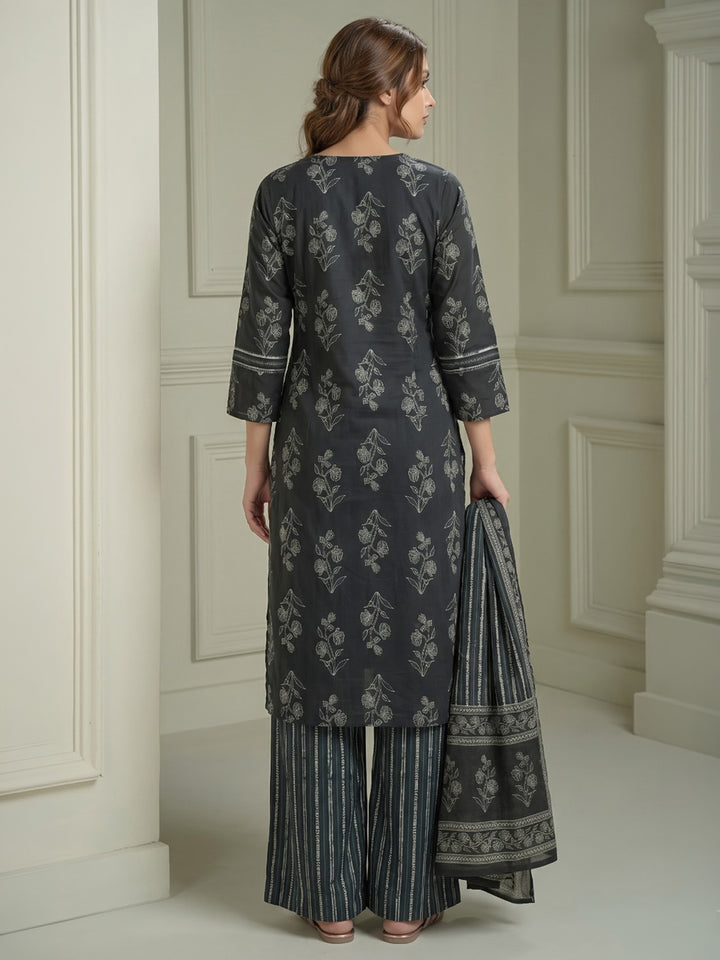 Black Printed Cotton Blend Kurta With Pant &amp; Dupatta