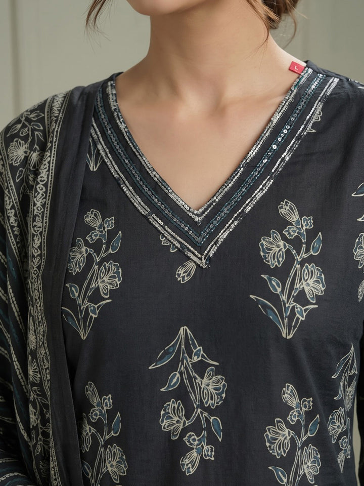 Black Printed Cotton Blend Kurta With Pant &amp; Dupatta