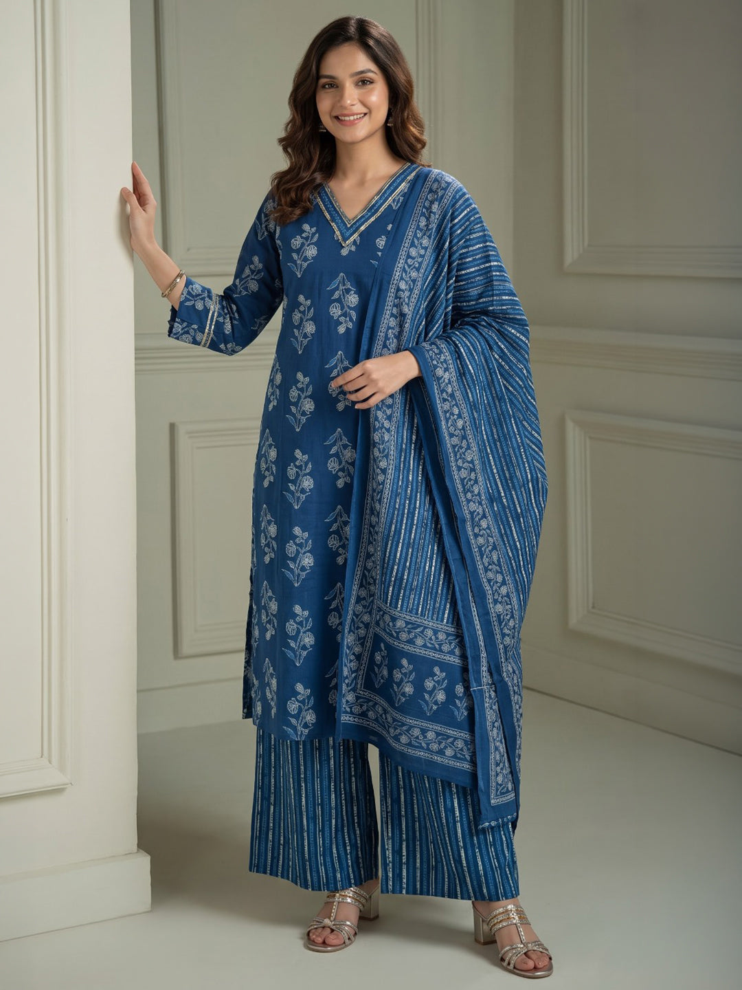 Blue Printed Cotton Blend Kurta With Pant &amp; Dupatta