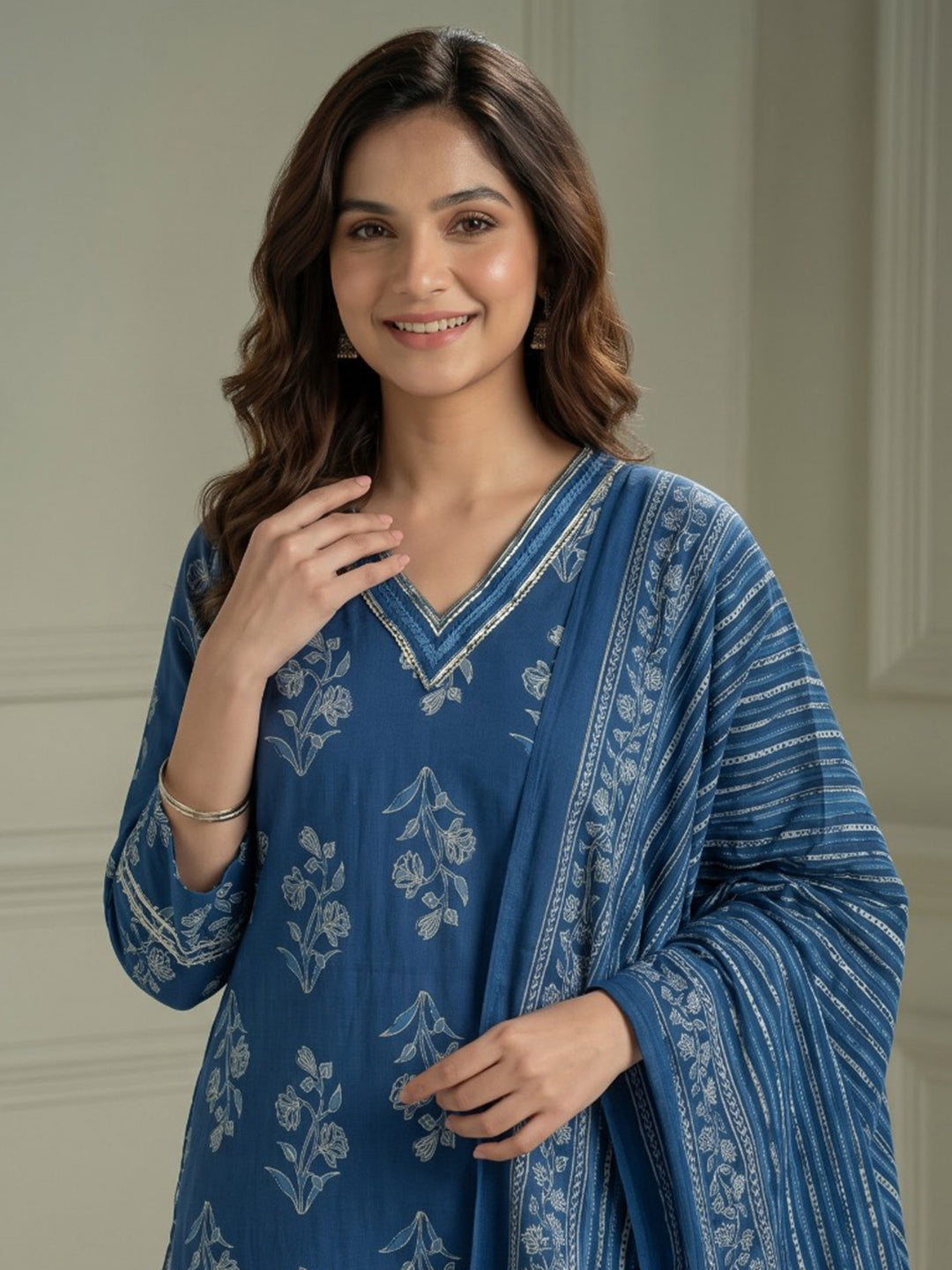 Blue Printed Cotton Blend Kurta With Pant &amp; Dupatta