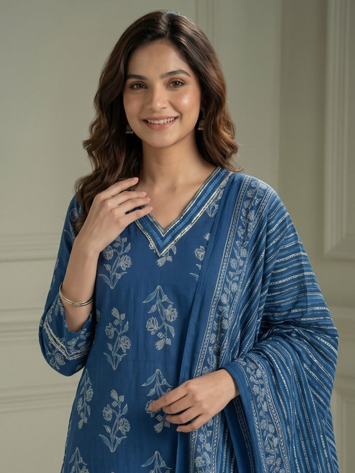 Blue Printed Cotton Blend Kurta With Pant &amp; Dupatta