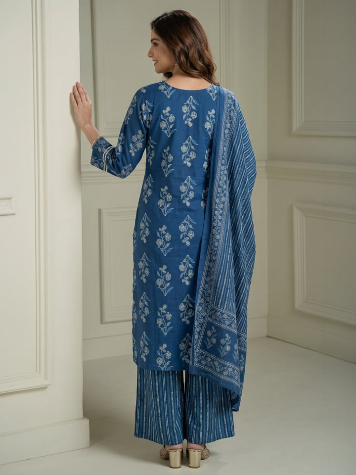 Blue Printed Cotton Blend Kurta With Pant &amp; Dupatta