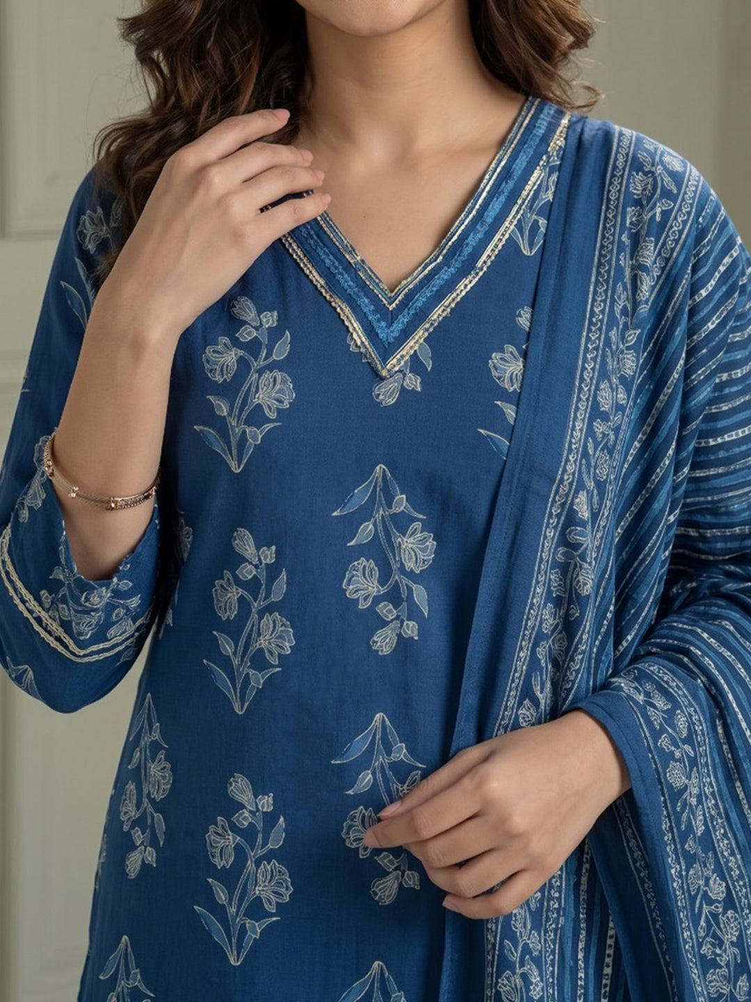 Blue Printed Cotton Blend Kurta With Pant &amp; Dupatta