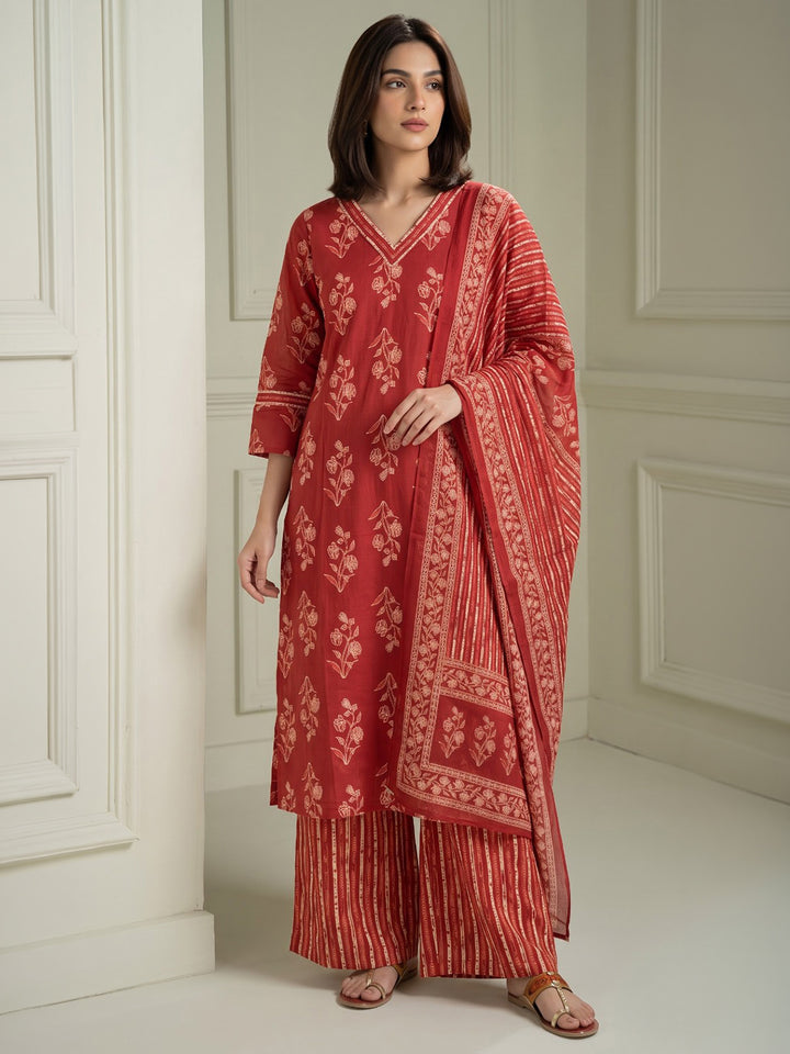 Rust Printed Cotton Blend Kurta With Pant &amp; Dupatta