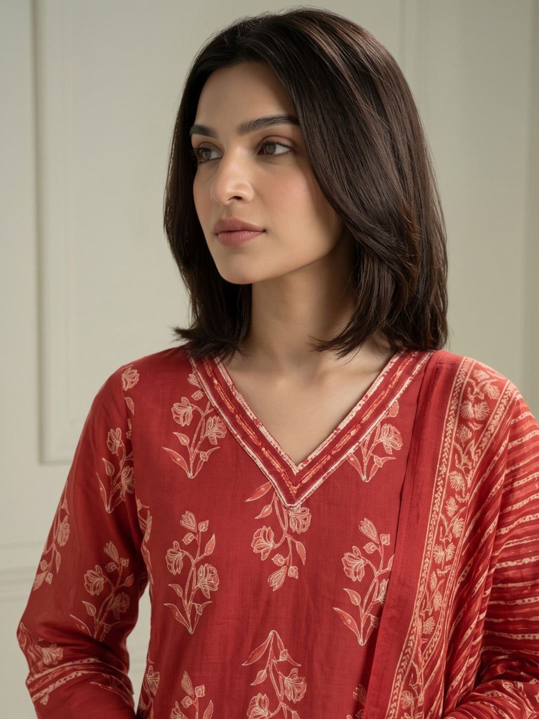 Rust Printed Cotton Blend Kurta With Pant &amp; Dupatta