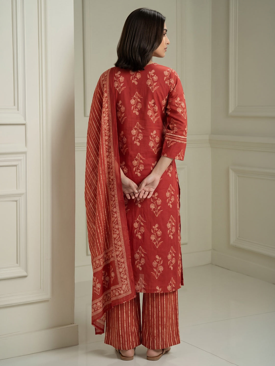 Rust Printed Cotton Blend Kurta With Pant &amp; Dupatta