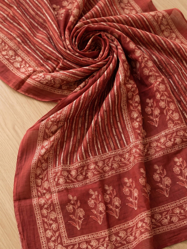 Rust Printed Cotton Blend Kurta With Pant &amp; Dupatta