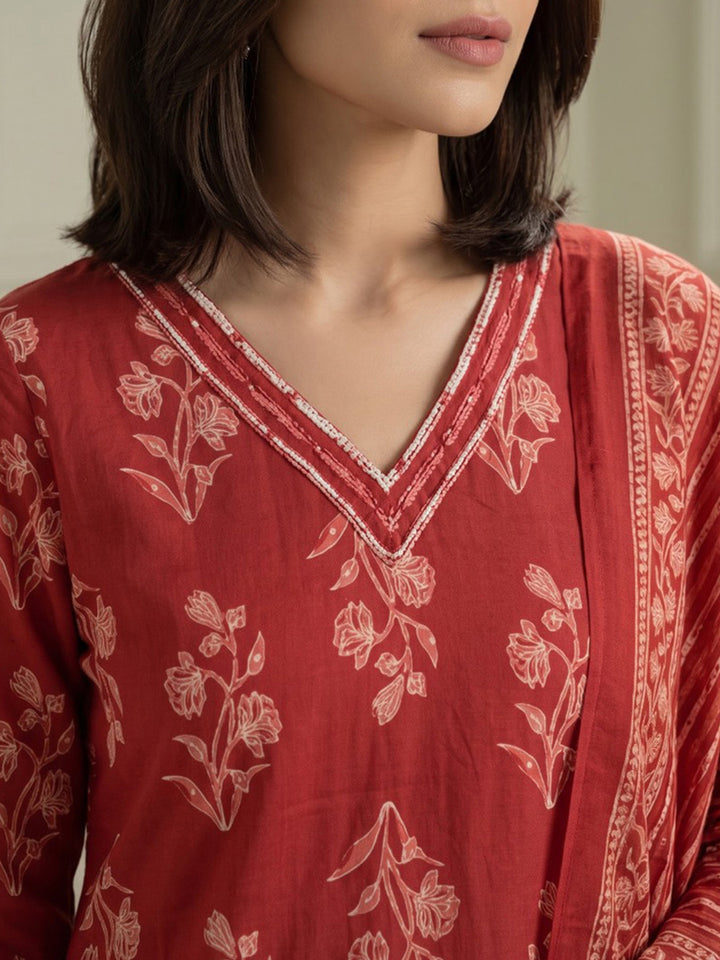 Rust Printed Cotton Blend Kurta With Pant &amp; Dupatta
