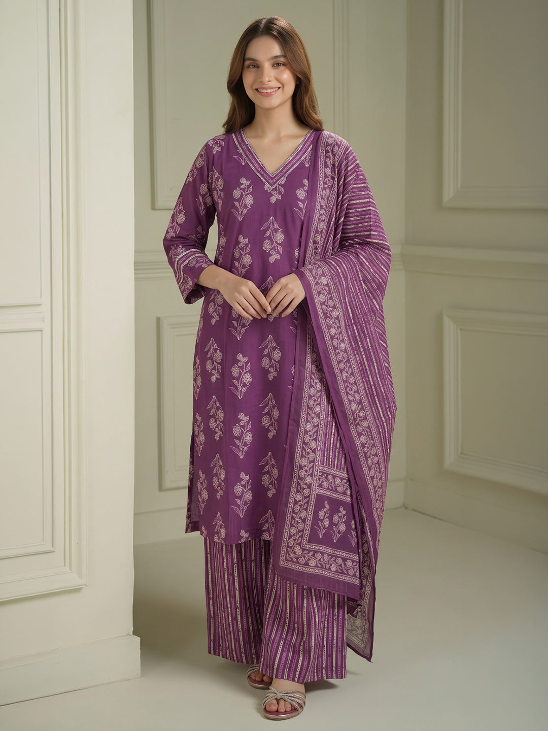 Wine Printed Cotton Blend Kurta With Pant &amp; Dupatta