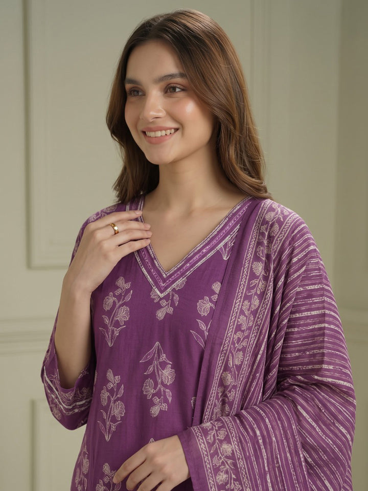 Wine Printed Cotton Blend Kurta With Pant &amp; Dupatta
