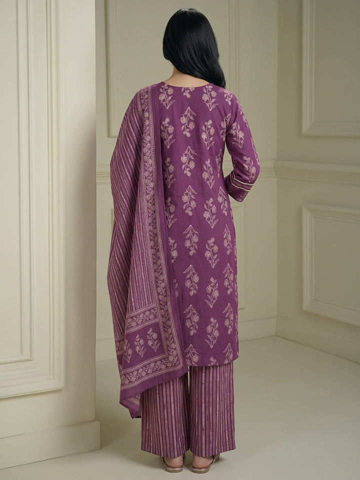 Wine Printed Cotton Blend Kurta With Pant &amp; Dupatta