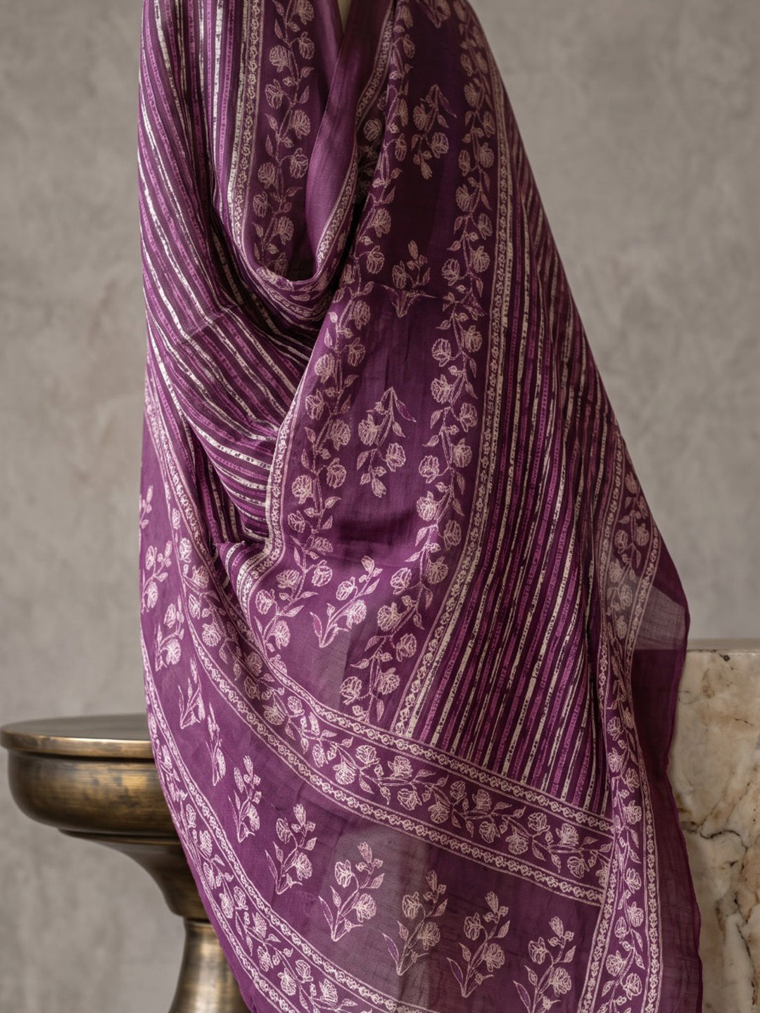 Wine Printed Cotton Blend Kurta With Pant &amp; Dupatta