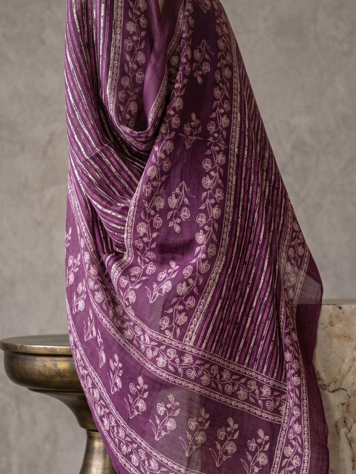 Wine Printed Cotton Blend Kurta With Pant &amp; Dupatta