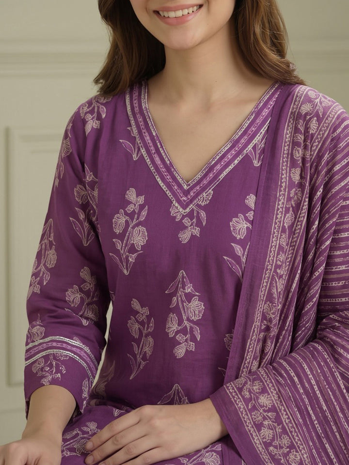 Wine Printed Cotton Blend Kurta With Pant &amp; Dupatta