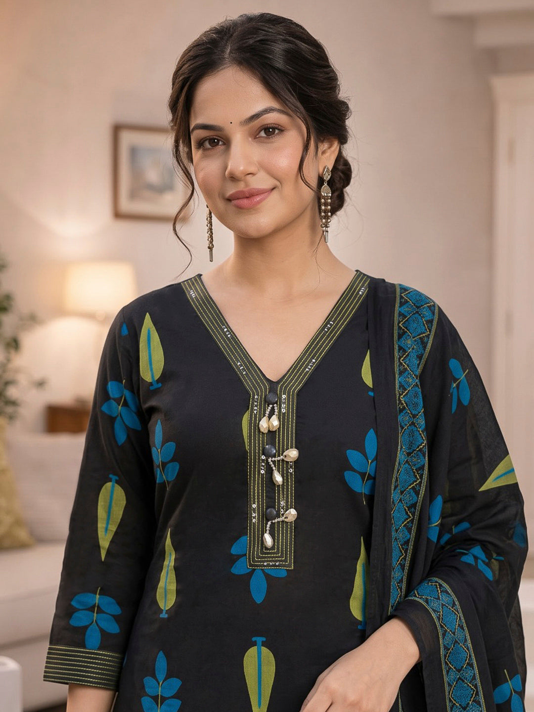 Black Printed Cotton Blend Kurta With Pant &amp; Dupatta