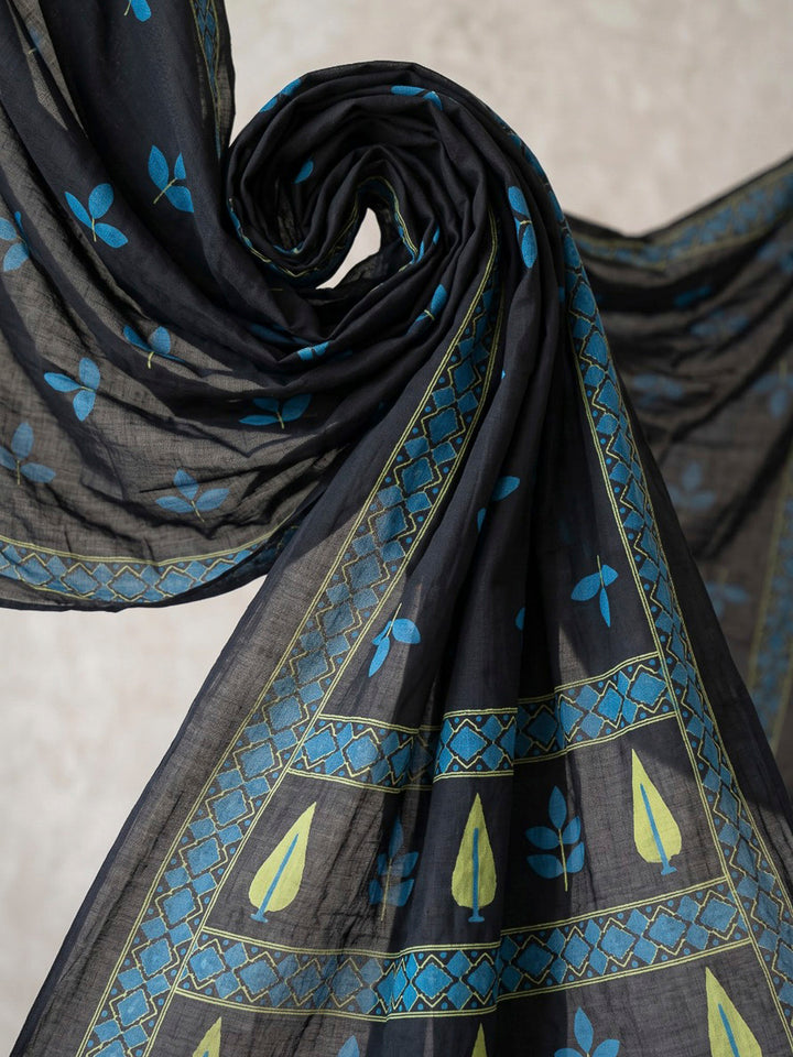 Black Printed Cotton Blend Kurta With Pant &amp; Dupatta