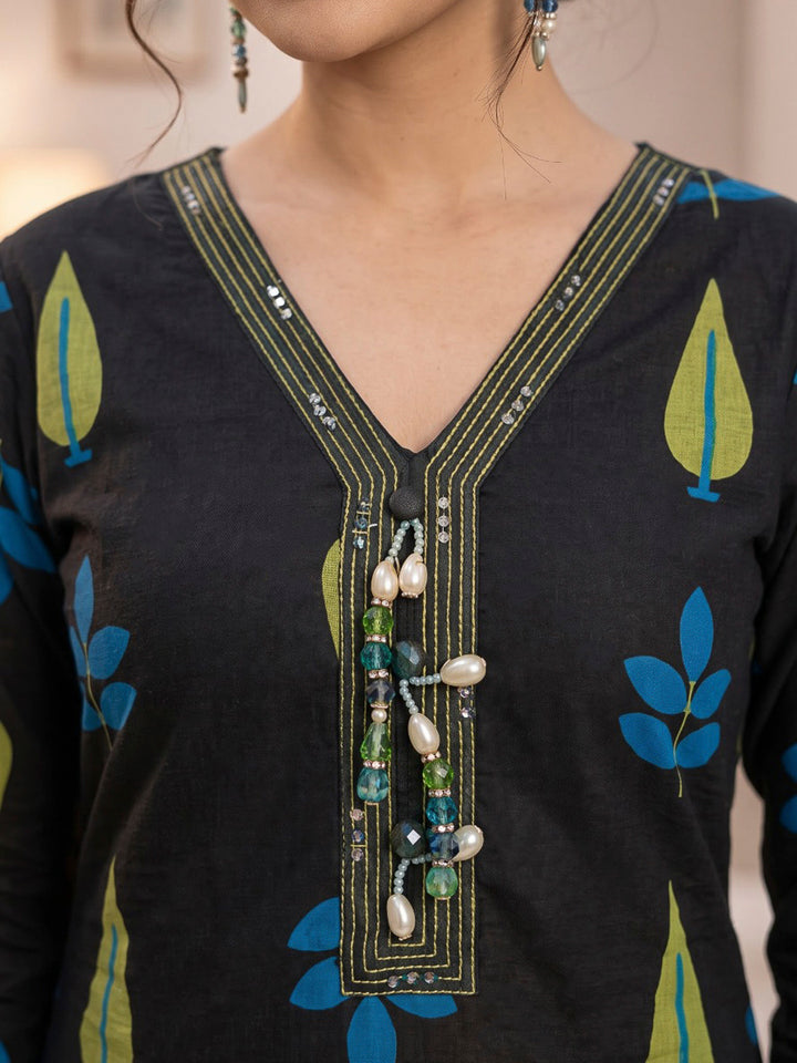 Black Printed Cotton Blend Kurta With Pant &amp; Dupatta