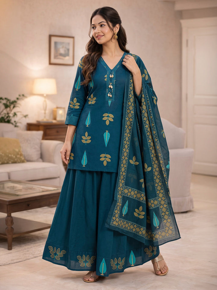 Blue Printed Cotton Blend Kurta With Pant &amp; Dupatta
