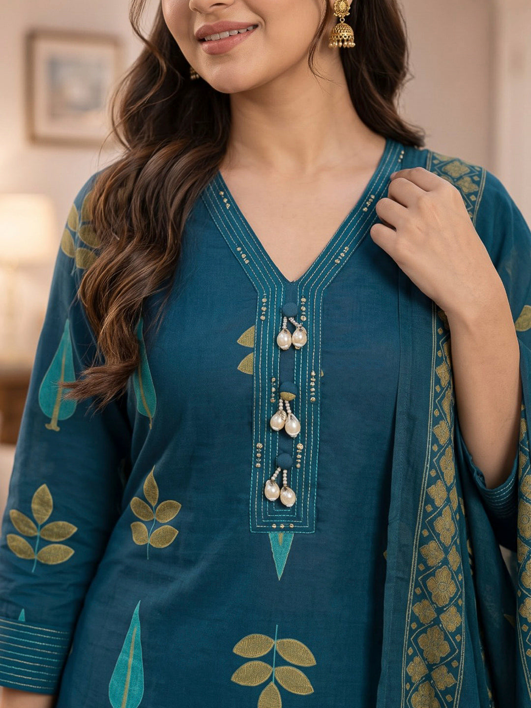 Blue Printed Cotton Blend Kurta With Pant &amp; Dupatta