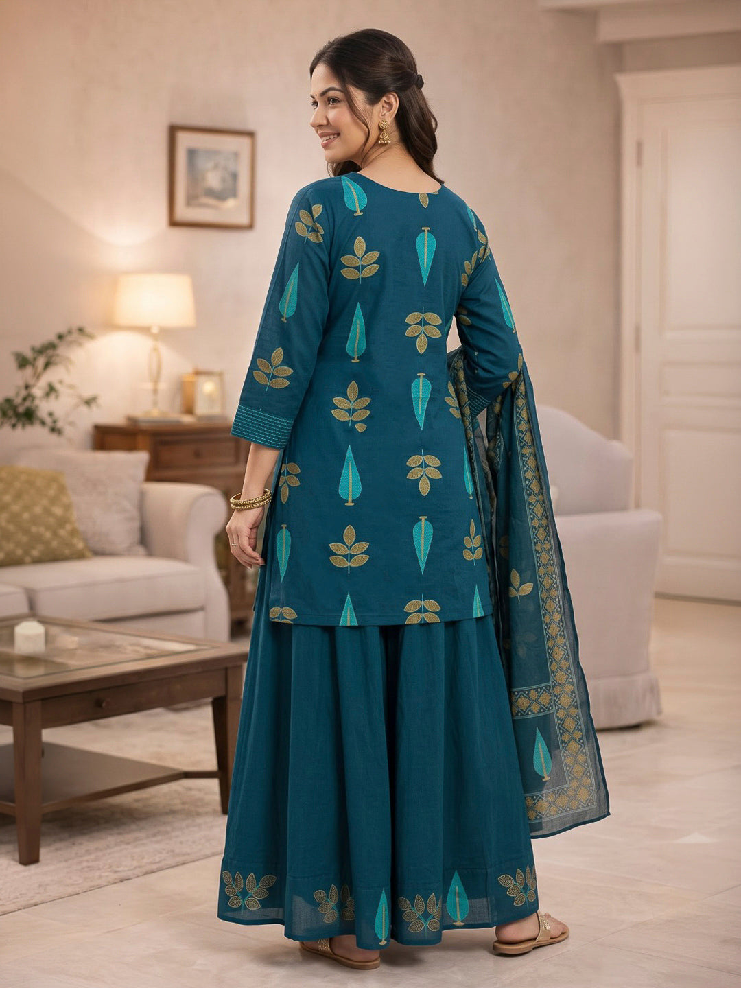 Blue Printed Cotton Blend Kurta With Pant &amp; Dupatta