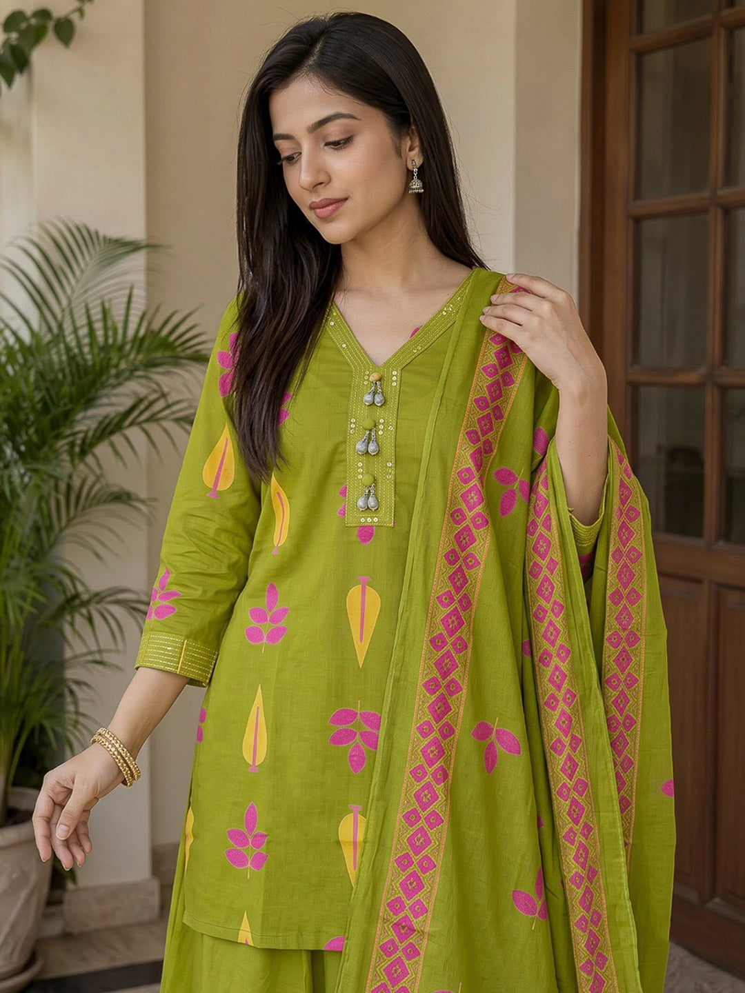 Green Printed Cotton Blend Kurta With Pant &amp; Dupatta