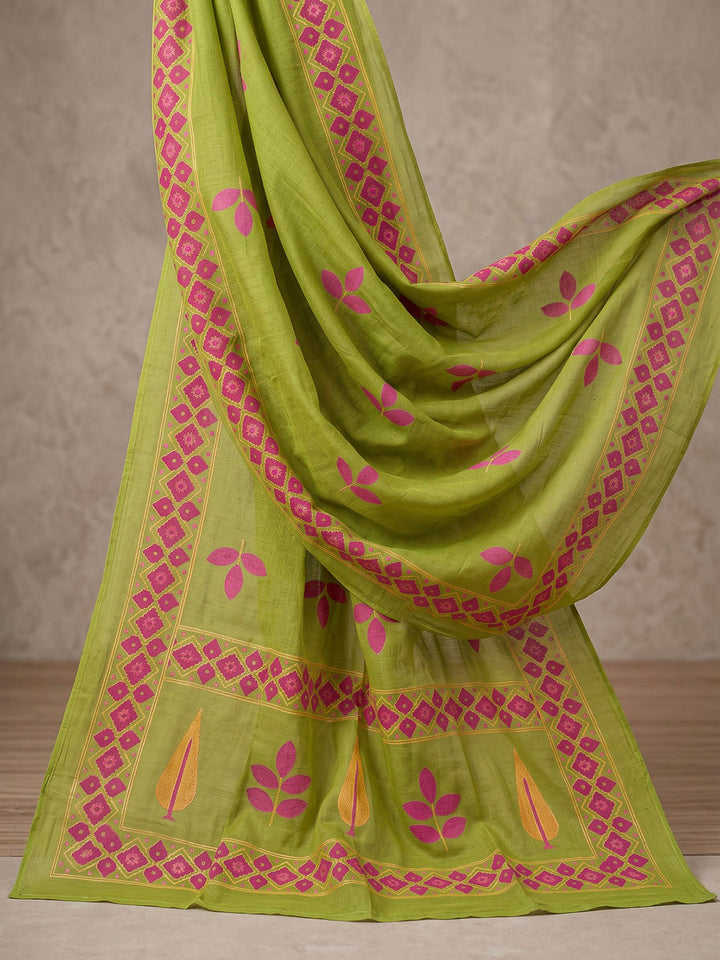 Green Printed Cotton Blend Kurta With Pant &amp; Dupatta