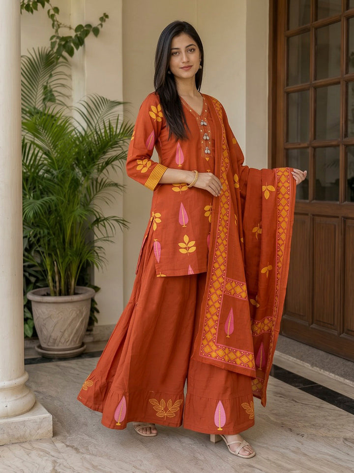 Rust Printed Cotton Blend Kurta With Pant &amp; Dupatta